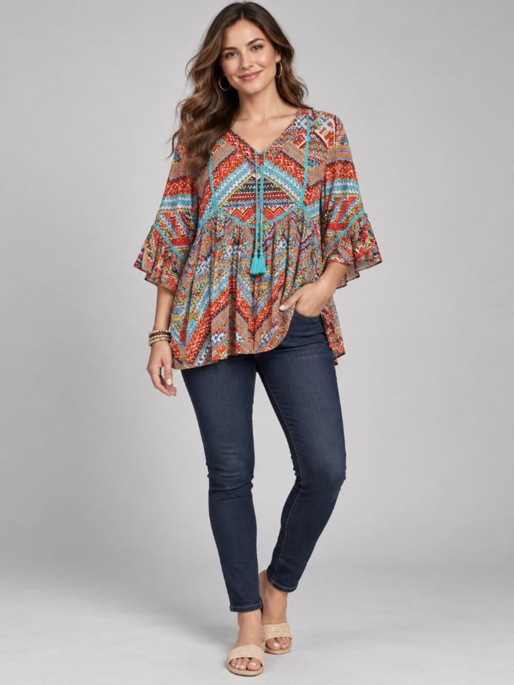 Love Kyla XL Multicolor Boho Tribal Print Tassel Tie Bell Sleeve Tunic Blouse